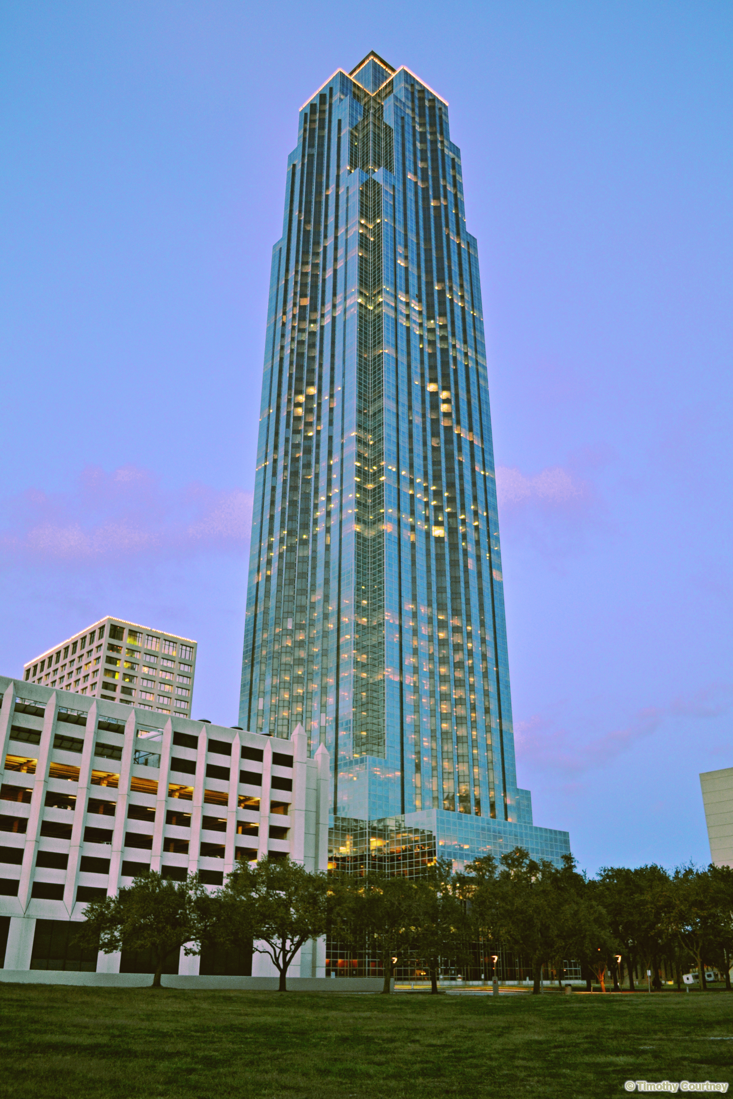 The Williams Tower at 2800 Post Oak Shines with Lighted Offices in the Late Evening