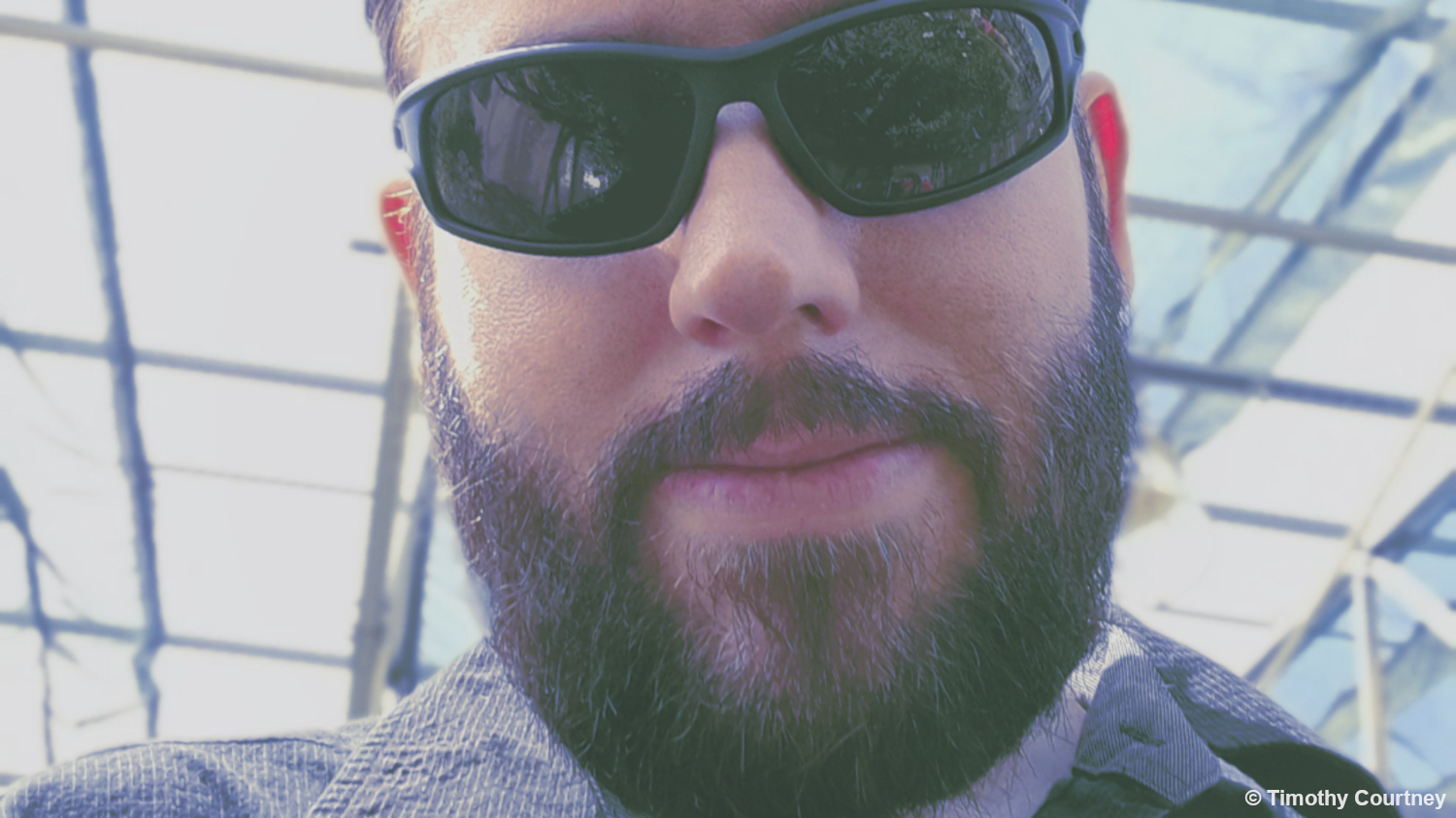 Timothy Courtney is standing under the greenhouse skylights of a botanical garden
