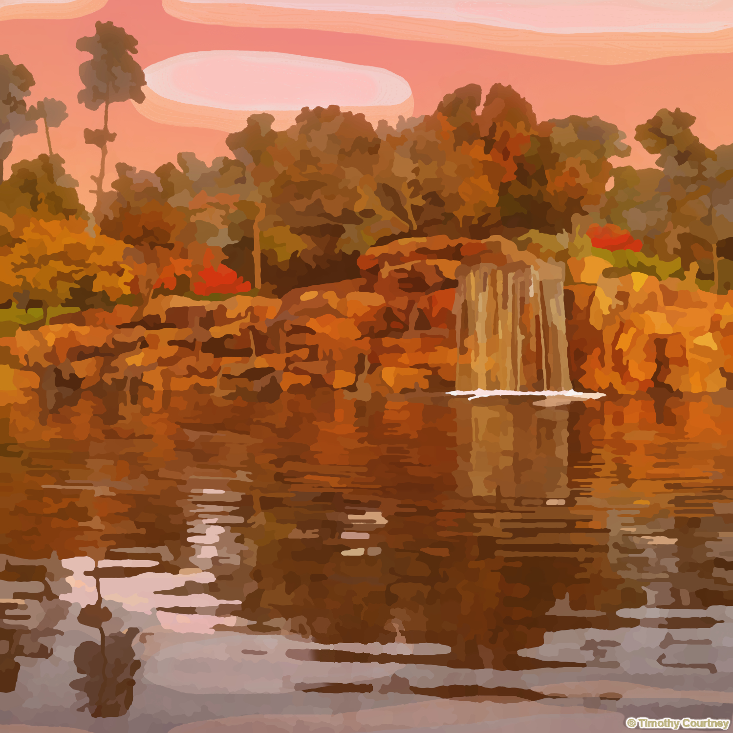 A beautiful scene full of Fall colors encasulate a waterfall flowing into a pond