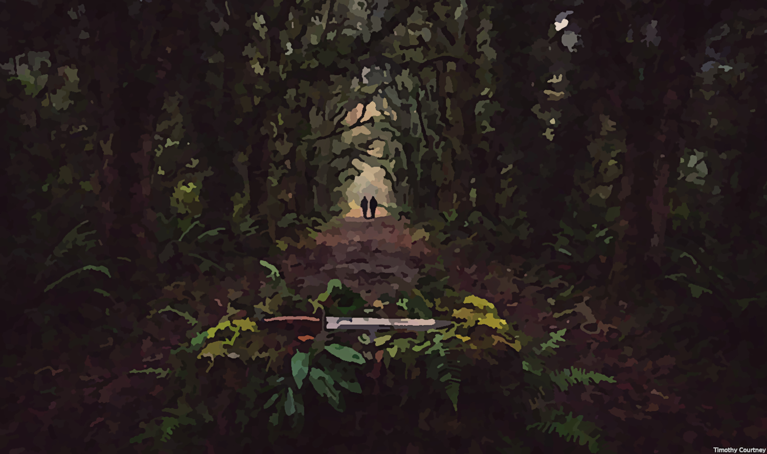 Don’t Go in the Woods Alone is a painting by Timothy Courtney that portrays two silhouetted figures walking along a dark, wooded path toward an altar, creating a mysterious and slightly eerie atmosphere.