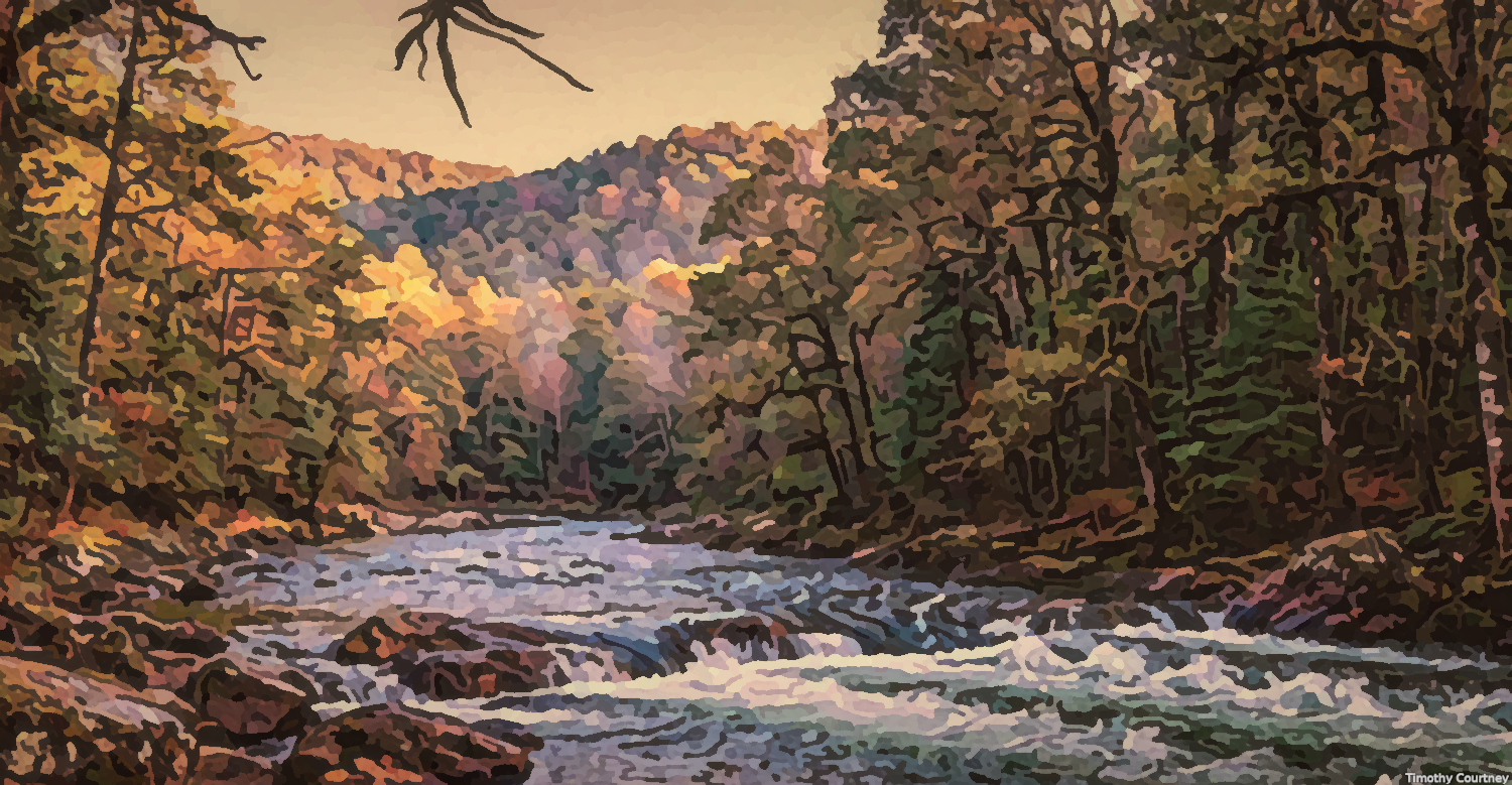 Dreaming About Nashville is a painting by Timothy Courtney that portrays a lush forest and rolling hilltops overlooking a wide, abundant river.