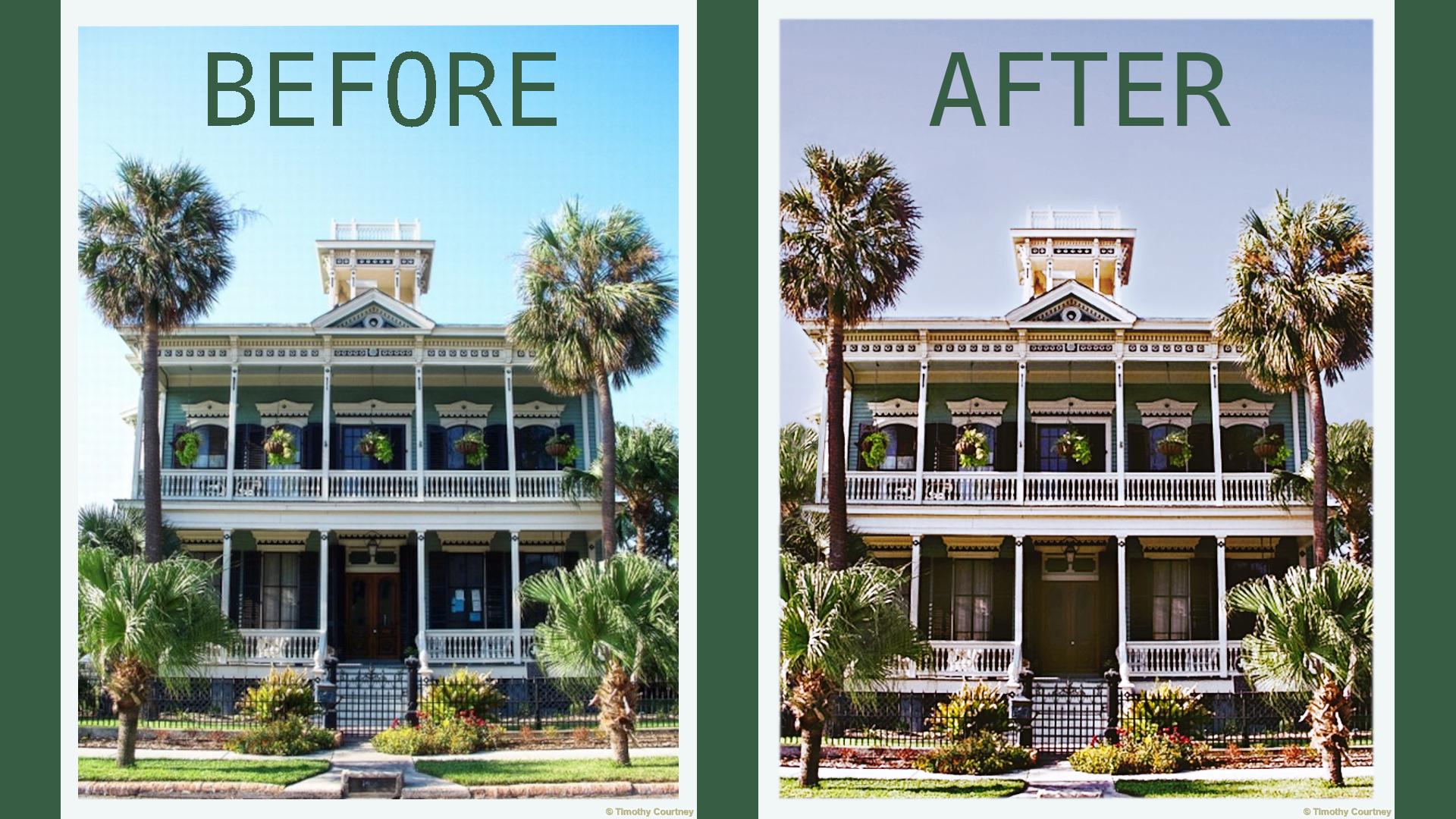 This is a side-by-side comparison of a photo of the historic landmark of the Julius Ruhl mansion which demonstrates editing results.