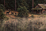 Cabin in the Woods is a painting by Timothy Courtney of a wooded area near a pond, with an old cabin and a family of deer nearby.