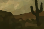 Desert Night is a painting of an early night in a sandy desert with classic cactus strewn across the landscape and vibrant colors.