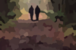 Dont Go in the Woods Alone is a painting by Timothy Courtney of two silhouetted people walking down a wooded path towards an alter.