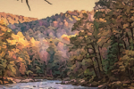 Dreaming About Nashville is a painting by Timothy Courtney of a lush forest and hilltops overlooking an abundant river.
