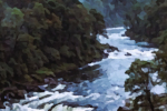 Rapid Waters is a painting by Timothy Courtney of rapidly flowing deep river waters in a vibrant woodland.