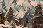 Snowy Mountains in Early Spring is a painting by Timothy Courtney of mountain peaks in muted tones with tall trees growing and partially covered in snow.