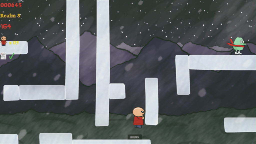 Player on ice with scarf creatures in Lucas the Game